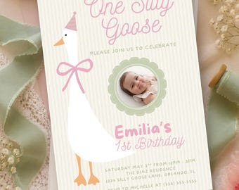 One Silly Goose Birthday Invitation, Pink Preppy Grandmillennial Girl Party (Editable Canva Template)