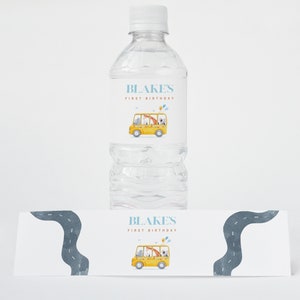 Baby on the Bus Water Bottle Label, Wheels on the Bus 1st Birthday, Bus Editable Digital Template, INSTANT DOWNLOAD