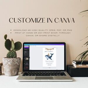 May include: A laptop computer screen displaying a whale-themed printable invitation with the text "Whale, oh whale..." and "Happy 1st Birthday!" The invitation is decorated with colourful flags and a blue whale with a party hat.