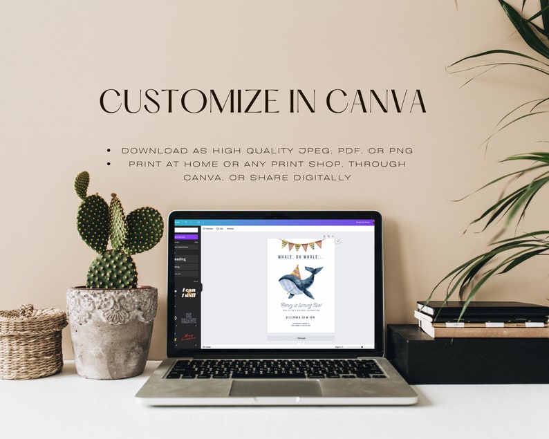 May include: A laptop computer screen displaying a whale-themed printable invitation with the text "Whale, oh whale..." and "Happy 1st Birthday!" The invitation is decorated with colourful flags and a blue whale with a party hat.