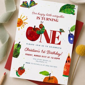 The Very Hungry Caterpillar Editable Digital invitation, First Birthday Invite, Eric Carle Birthday Invite, Instant Download, TVHCA