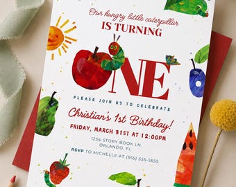 The Very Hungry Caterpillar Editable Digital invitation, First Birthday Invite, Eric Carle Birthday Invite, Instant Download, TVHCA