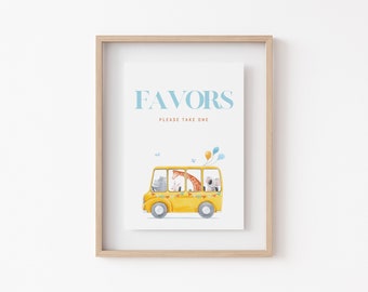 May include: A framed print with a yellow bus carrying animal characters: a rhino, rabbit, giraffe, and koala. The sign above reads "FAVORS" in light blue, with "PLEASE TAKE ONE" in orange. Balloons and birds decorate the scene.