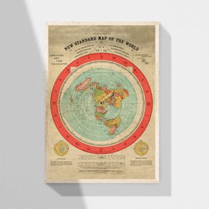 May include: A vintage map of the world, printed on paper with a cream background. The map is a flat-earth projection, with the North Pole at the center and the continents arranged in a circle around it. The map is titled "Gleason's New Standard Map of the World".