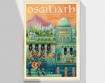 May include: A vintage travel poster featuring a colorful illustration of the fictional city of Osgiliath, from the Lord of the Rings, with the text "Osgiliath, Citadel of the Stars".