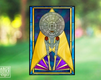 May include: A stained glass window design featuring a starship in a space setting. The starship is surrounded by a yellow and purple geometric pattern. The background is a dark blue with stars.
