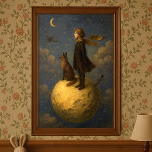 May include: Framed artwork showing a person and a fox on a golden sphere against a starry night sky. The person wears a dark coat and scarf. A crescent moon and a small aeroplane are visible. The artwork is in a dark brown wooden frame.