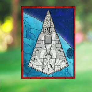 May include: A stained glass window design featuring a white spaceship against a blue and black starry sky background.