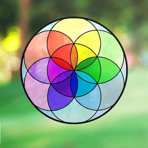 May include: A colorful circular design with a flower of life pattern. The design is made up of overlapping circles in shades of red, orange, yellow, green, blue, purple, and pink.