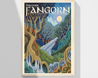 May include: A vintage travel poster with a blue, green, and gold color scheme. The poster features a stylized illustration of a forest with a waterfall and the text "DISCOVER FANGORN".