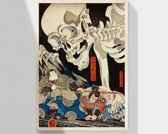 Könnte beinhalten: Gerahmter Druck eines japanischen Holzschnittkunstwerks, das ein großes Skelett zeigt, das über zwei Figuren in traditioneller Kleidung thront. Das Kunstwerk verwendet Schwarz, Weiß, Blau und Rot, mit japanischem Text.