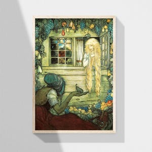 May include: A vintage illustration of a woman with long blonde hair looking out a window at a woman with a green hat and a brown dress. The woman in the window is holding a small bird. The illustration is surrounded by a border of green vines and fruit.