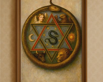 Impression d'art hexagramme Ouroboros : alchimie ésotérique, sceau de Salomon (téléchargeable numérique