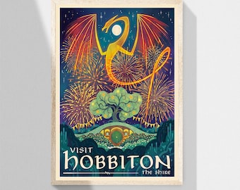 May include: A colorful poster advertising a visit to Hobbiton, The Shire. The poster features a yellow dragon flying through a night sky filled with fireworks. The dragon's wings are red and orange, and its tail is curled around a green tree. The poster also features a small, round house with a green door.