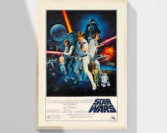 May include: A vintage movie poster for Star Wars, featuring Luke Skywalker, Princess Leia, Han Solo, Darth Vader, and Chewbacca. The poster is set against a dark blue background with stars and planets. The text "Star Wars" is in large, white letters at the bottom of the poster.