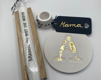 Muttertag Geschenkset Kerze Untersetzer personalisiert kleiner Kerzenständer Kleinigkeit für Mama Geschenk zum Muttertag. Mama ist die Beste