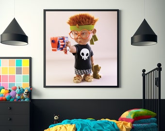 Divertente stampa di arte della parete, arte della parete della tela incorniciata, arte della parete del ragazzo, arte originale del bambino, arredamento moderno, arte colorata, tela opaca, cornice nera