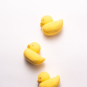 Könnte beinhalten: Drei gelbe Gummienenten auf weißem Hintergrund. Die Enten befinden sich in verschiedenen Positionen, eine schaut in die Kamera, eine nach rechts und eine nach links.