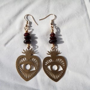 Garnet & Brass Heart Earrings