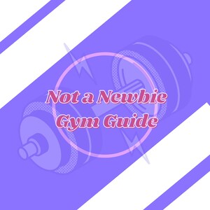 Op de afbeelding: Een paarse en wit gestreepte achtergrond met een roze cirkel en een halter in het midden. De tekst "Not a Newbie Gym Guide" staat in roze letters in de cirkel. De tekst "Not An Influencer" staat in roze letters onderaan de afbeelding.