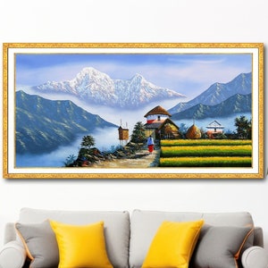 Mt. Everest Nepali Malerei Leinwand, Nepal Himalaya handgemalte Leinwand, Annapurna Dhaulagiri Kunst, rundes Haus Malerei Geschenk zum Einzug