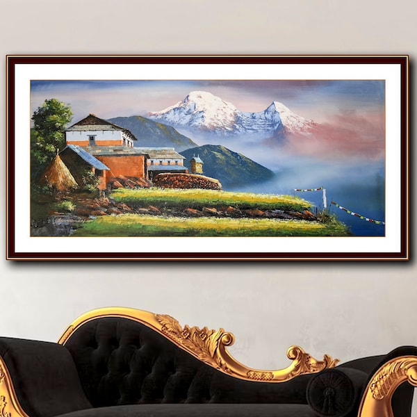 Himalayas, Annapurna Art, Everest Range Mountains, Hilly Nepali House, Ghandruk Village on Canvas, Visit Nepal 2023, Nepal Housewarming gift