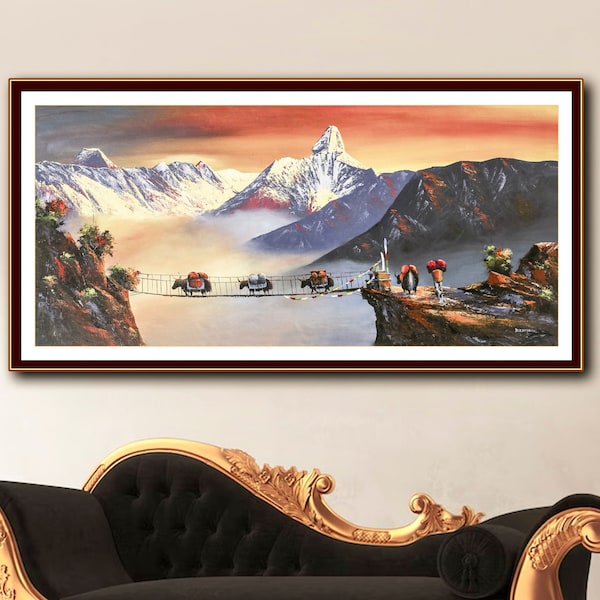 Himalayas Hand painted Canvas, Mt Everest Sightseeing, Lhotse, Nupse, Amadablam Kanchenjunga Art, Yaks, Nepalese Hilly Landscape Painting