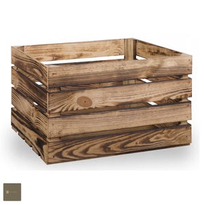 May include: A rustic wooden crate with a distressed brown finish. The crate has a rectangular shape and is made of natural wood with visible grain patterns.