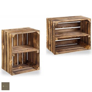May include: Two wooden crate shelves, one large and one small, with a rustic brown finish. The shelves have two tiers each and are ideal for displaying items or organising small spaces.