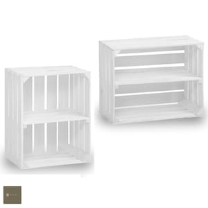 May include: Two white wooden crate shelves, each with two shelves. The shelves are made of wooden slats and have a rustic look.