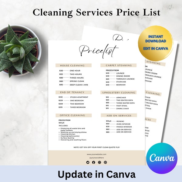 Clean Price Menu | Canva Price List Template | Regular Cleaning Pricing List | House Cleaning Business | Editable Cleaning Price List CPL04