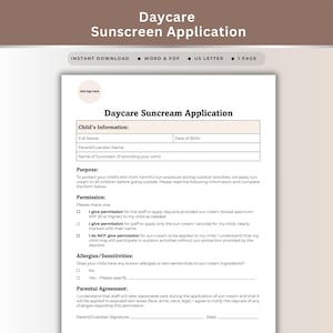 Daycare Suncream Application Form Template Childcare Permission Form Preschool Consent Form Sun Protection Authorization Sun Safety Approval