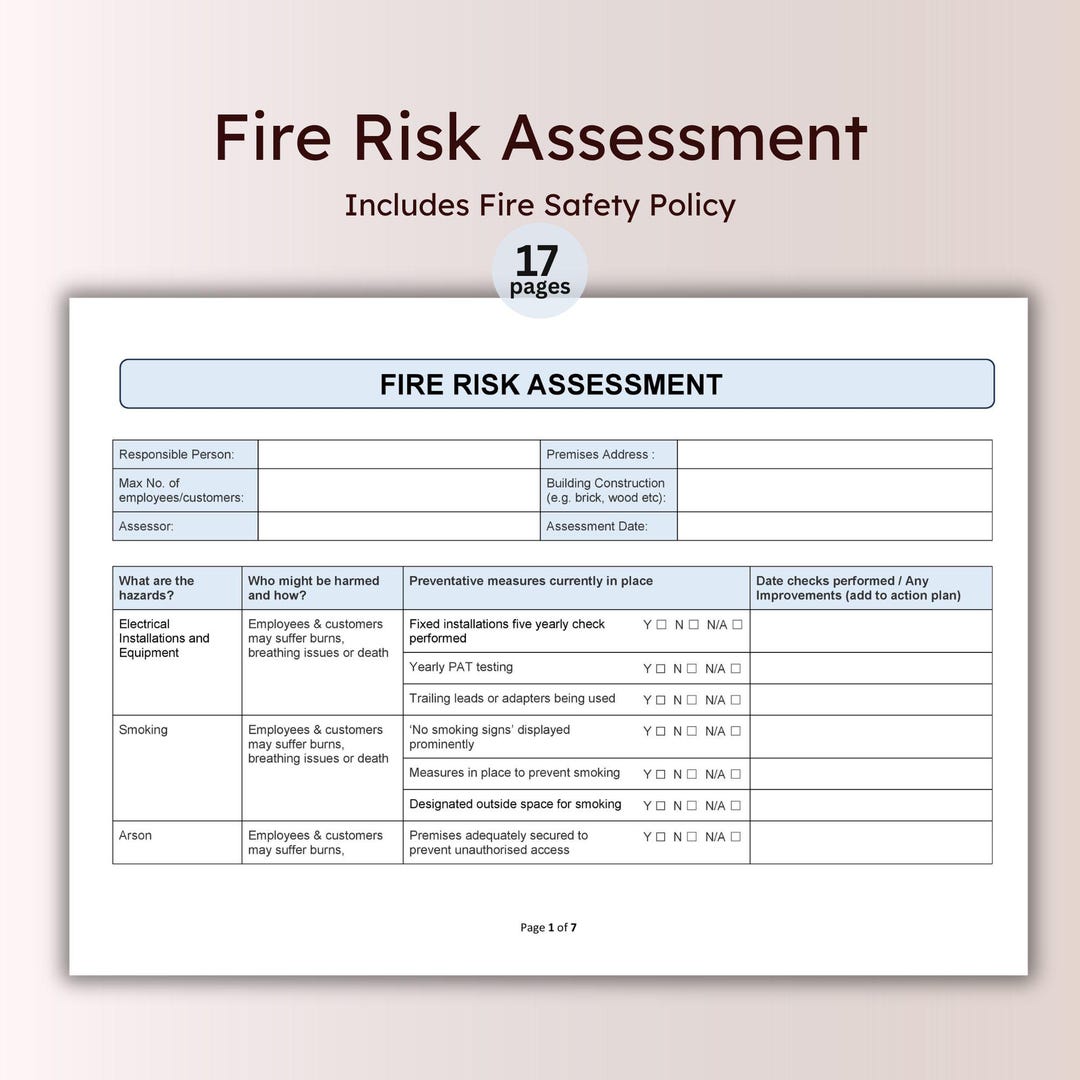 Fire Risk Assessment Template Workplace Safety Evaluation Form Small ...