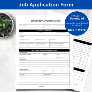 以下が含まれることがあります： 「Job Application Form」というタイトルが上部に書かれた白黒の求人応募用紙。応募者情報、職務経歴、推薦状のセクションが含まれています。この用紙は手書きまたは電子的に記入するように設計されています。