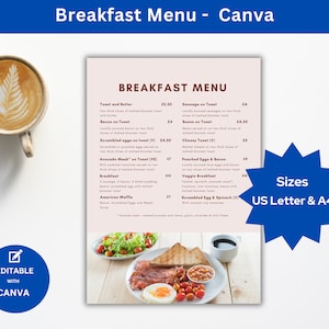 Simple Breakfast Menu Design for Cafe, Bistro, Restaurant Breakfast Menu Template Format Ideas for Pub Menu Brunch Menu with Photo Breakfast
