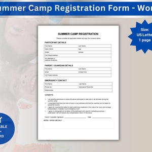 Sommercamp-Anmeldeformular für das Feriencamp Jugend melden Sie sich mit Verzichtsklauseln an Ideal für Sommercamps Bearbeitbar in Word und Google Docs PDF