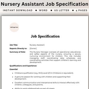Nursery Assistant Job Spec Template Editable Job Description Sample Duties and Responsibilities List Teaching Assistant HR Job Template Word