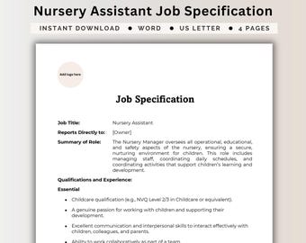 Modello di specifiche del lavoro per assistente all'asilo nido, esempio di descrizione del lavoro modificabile, elenco di mansioni e responsabilità, modello di lavoro per assistente all'insegnamento, risorse umane, Word