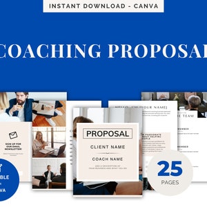 Puede incluir: Una plantilla de propuesta de coaching de 25 páginas, con un esquema de color azul y blanco. La plantilla incluye una página de portada con el texto "PROPOSAL", "CLIENT NAME" y "COACH NAME". La plantilla es editable con Canva.