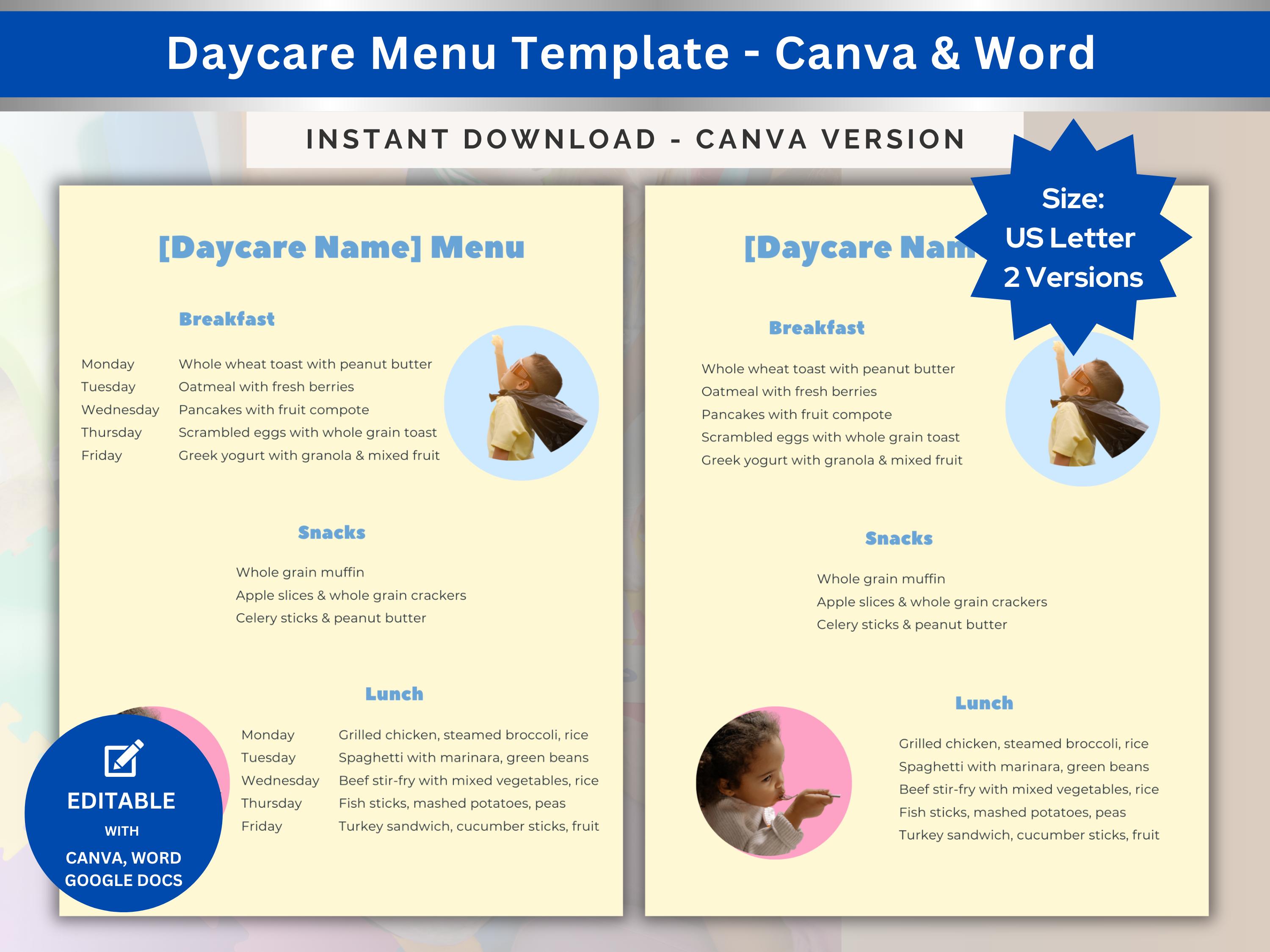 Daycare Menu Template for Childcare Meal Plan Ideas Weekly Food ...