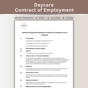 Contrato de trabajo para guardería Contrato para nuevo personal docente Acuerdo de términos y condiciones de los empleados editable Plantilla de recursos humanos para pequeñas empresas en Word