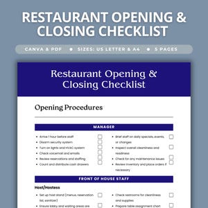 May include: A five-page restaurant opening and closing checklist document in Canva and PDF formats, available in US Letter and A4 sizes. The document features a dark blue header with white text and a white page with black text and checkboxes.