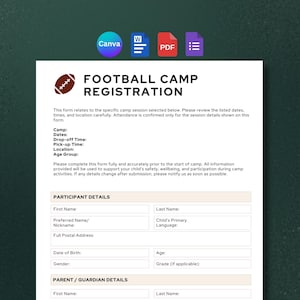 May include: A white Football Camp Registration form with the title "FOOTBALL CAMP REGISTRATION". The form includes fields for participant details, parent/guardian details, and camp information. The form is designed to be filled out and submitted.