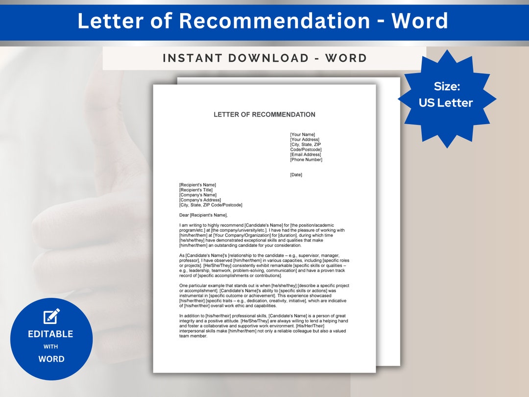 Professional Letter of Recommendation Template: Editable Word & Google ...