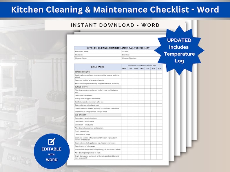 Restaurant Kitchen Cleaning Checklist: Daily, Weekly, Monthly (editable ...