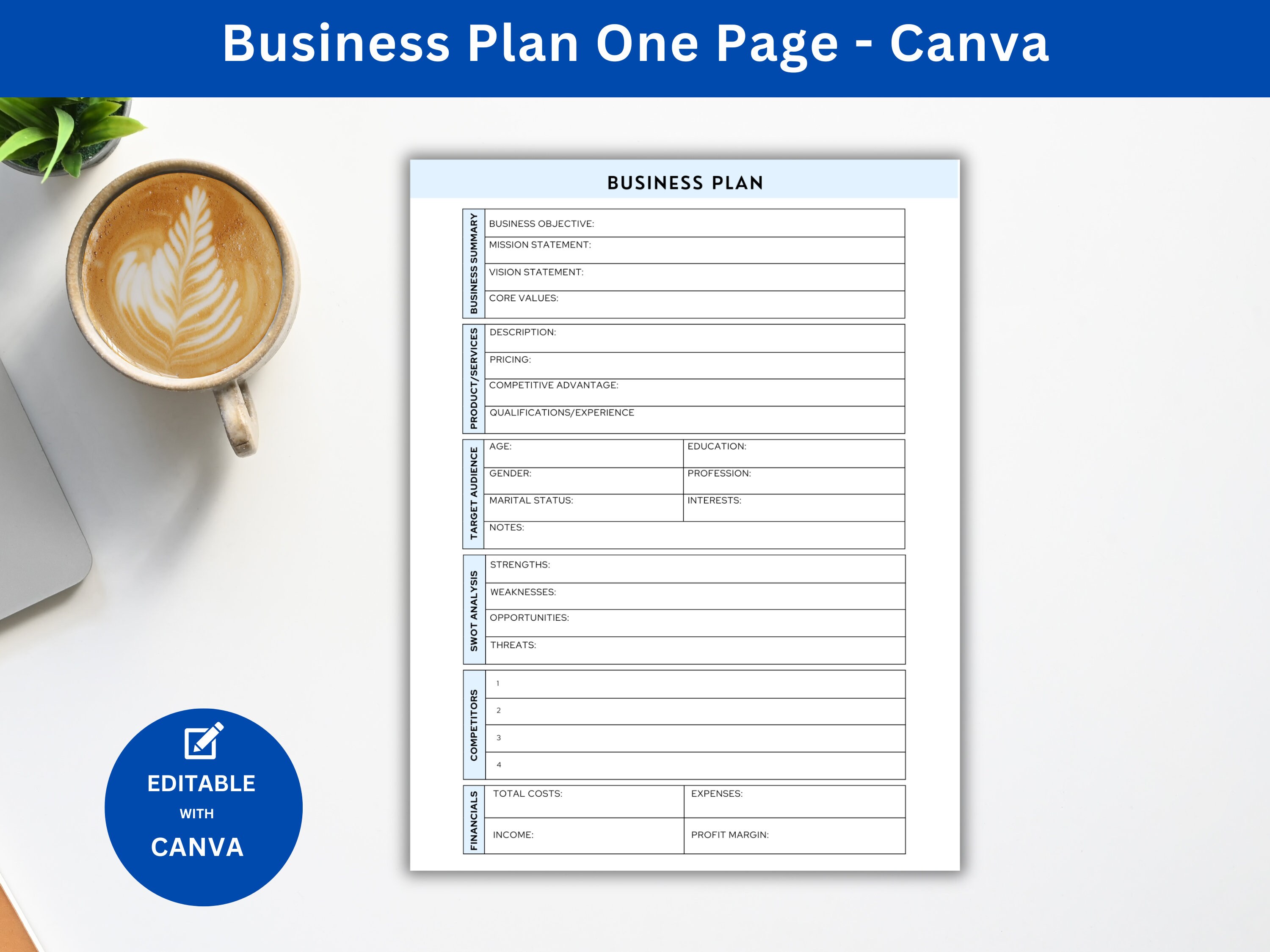 One Page Business Plan Template: Small Business Startup (canva Editable ...