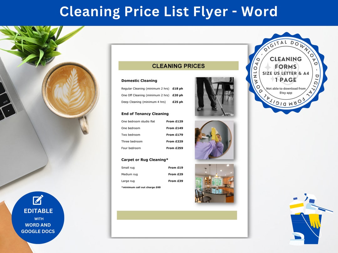 Editable Cleaning Price List Template Printable House Cleaning Rates ...