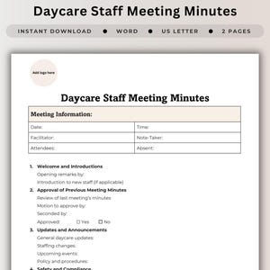 Daycare Staff Meeting Minutes Agenda Form Template  Record Sheet Notes Daycare Directors Licensing Requirements Team Meeting Documentation