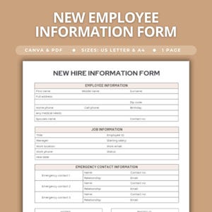 Puede incluir: Un formulario de información para nuevos empleados en color blanco con secciones para datos personales, información laboral y contactos de emergencia. El texto superior dice New Employee Information Form, Canva & PDF, Sizes: US Letter & A4, 1 Page.