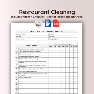 Restaurant Cleaning Checklist Template Bar Area Sanitising Procedures Guide Front of House Cleaning Schedule Pub Bar Responsibilities Sheet